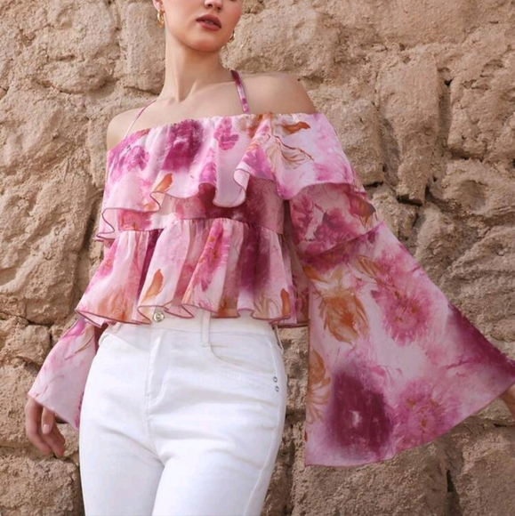 Elegant French Floral Print Ruffle Trim Loose Fit Asymmetric Neck Long - Picture 1 of 4